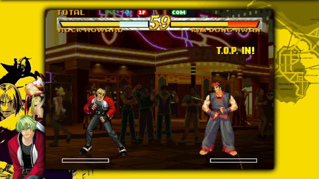 The image is a screenshot from a Garou: Mark of the Wolves match: Rock Howard vs Kim Dong Hwan, character selection.
