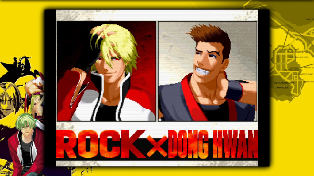 The image is a screenshot from a Garou: Mark of the Wolves match: Rock Howard vs Kim Dong Hwan, fight.