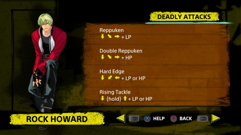 The image is a screenshot from Garou: Mark of the Wolves: the movelist of Rock Howard