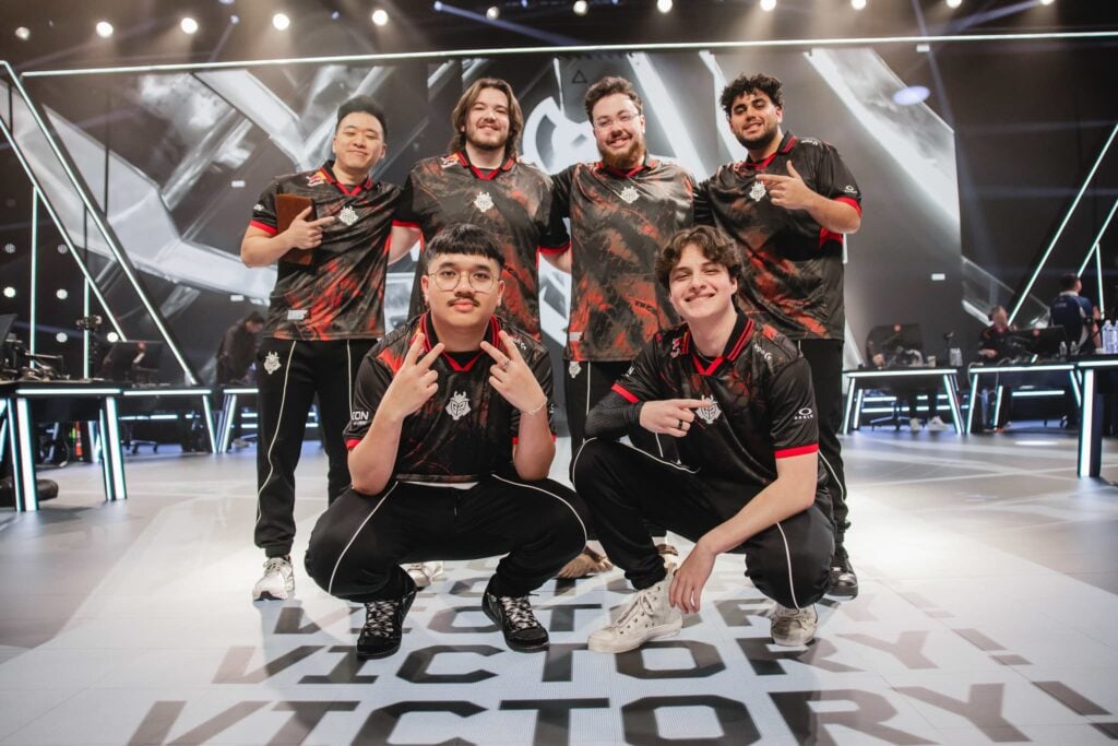 G2 Esports, who plays Sentinels in the Upper Final, pose onstage during Week 3 Day 1 of 2025 VCT Americas Kickoff at the Riot Games Arena on January 31, 2025.