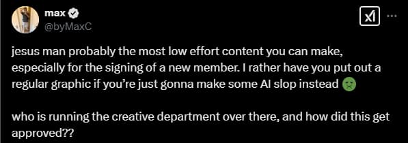 An X post expressing backlash over Gen.G AI video announcement.