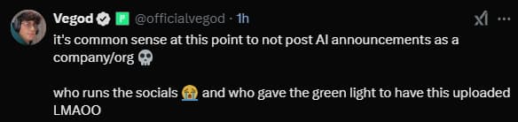 An X post expressing backlash over Gen.G AI video announcement.