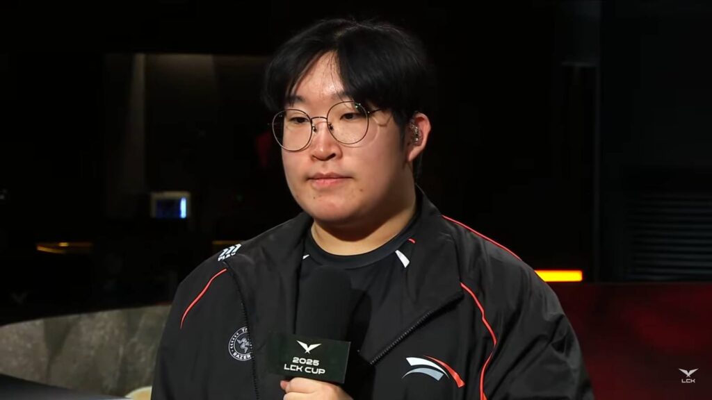It's a photo of the League of Legends esports player Delight - he gives an interview after his team, Hanwha Life Esports won an LCK Cup 2025 match vs Gen.G.
