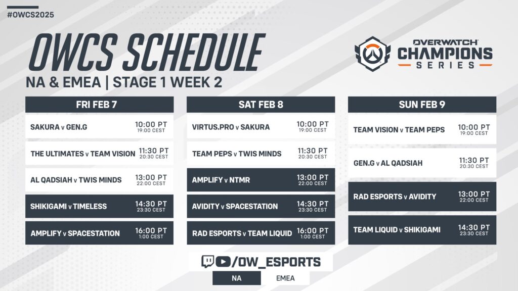 OWCS 2025 schedule for Stage 1 Week 2 NA and EMEA 