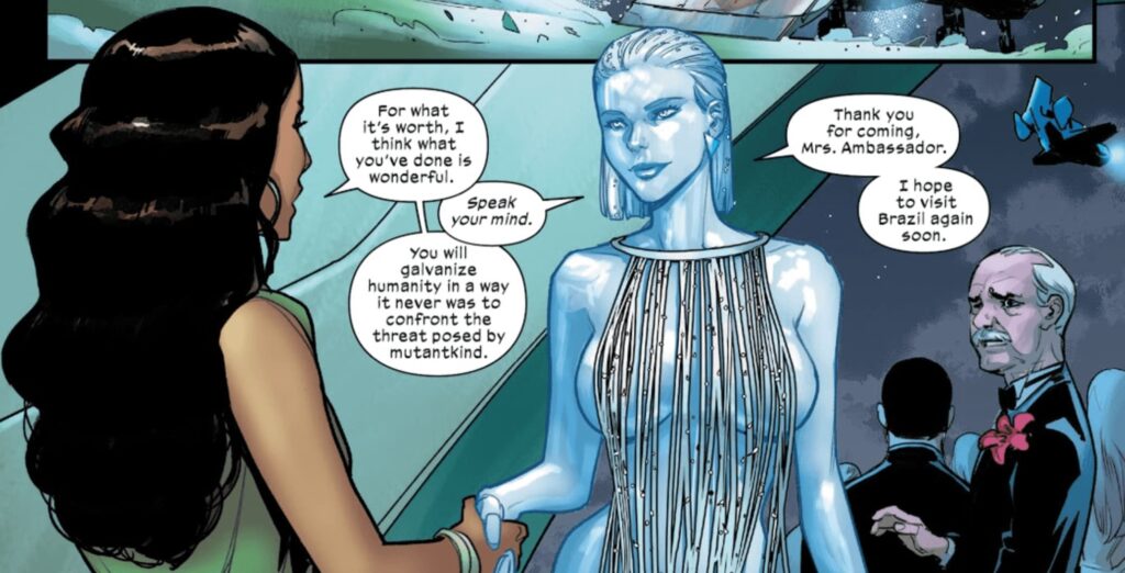 Emma Frost greets an ambassador from Brazil at the Hellfire Gala.