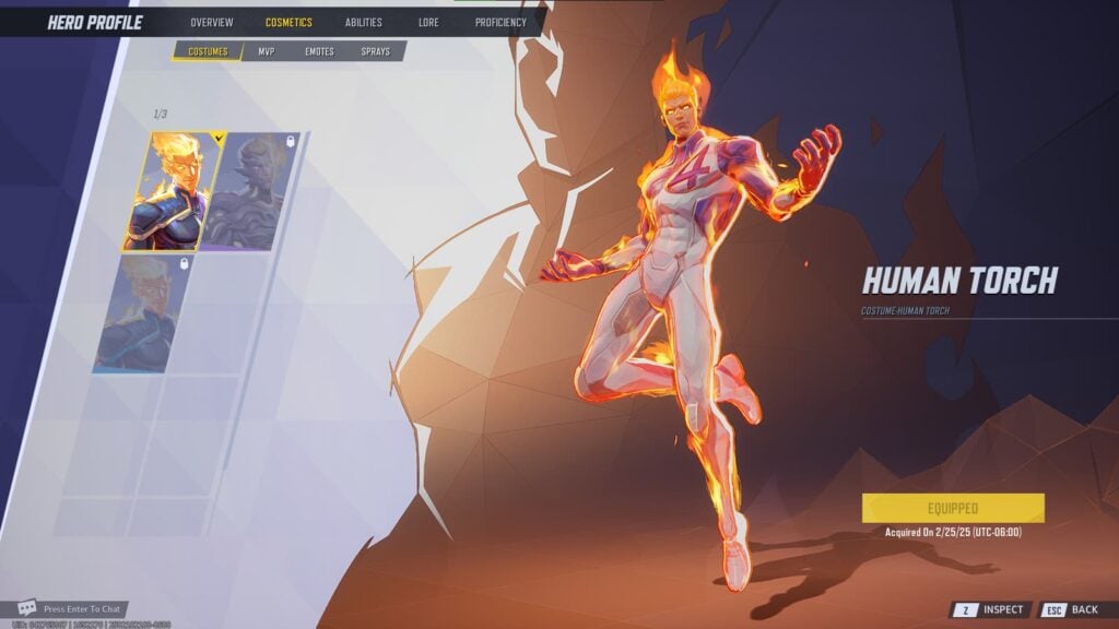 The default skin for the Human Torch in Marvel Rivals