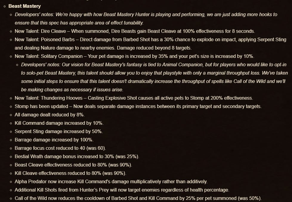 Beast Mastery Hunter Changes Patch 11.1