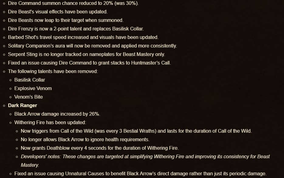 Beast Mastery Hunter Changes Patch 11.1