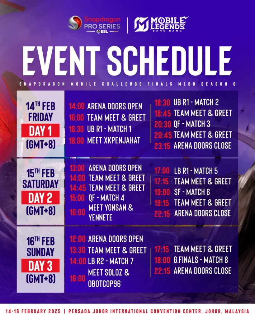 It’s the full schedule of the playoff stage of the Mobile Legends: Bang Bang esports event Snapdragon Pro Series Season 6 APAC Challenge Finals.