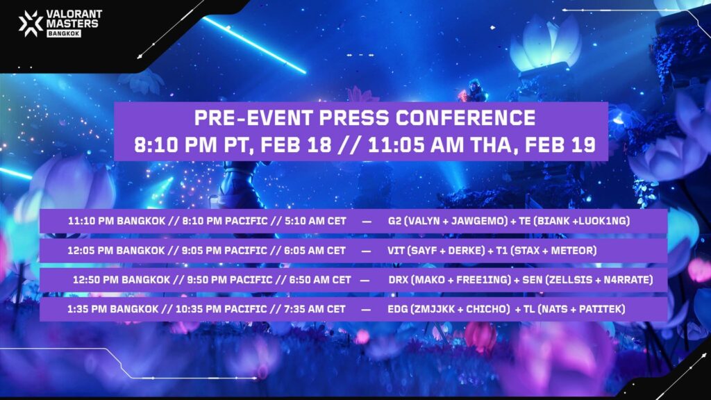 The times and participants for the VALORANT Masters Bangkok pre-event press conferences.
