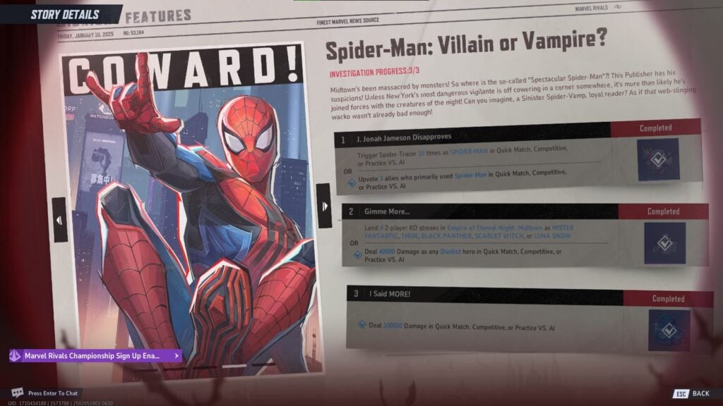 Spider-Man's page for Midnight Features where trigger Spider Tracers is a challenge in Marvel Rivals.