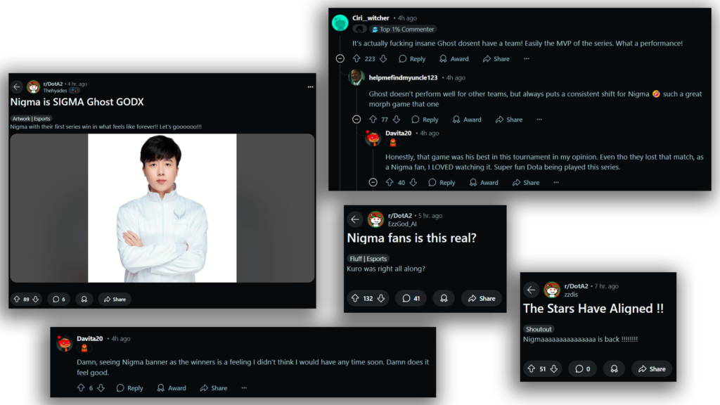 Reddit comments and threads about Nigma Galaxy's win over PARIVISION on the BLAST Slam II, gladly stating that their favorite team is back.