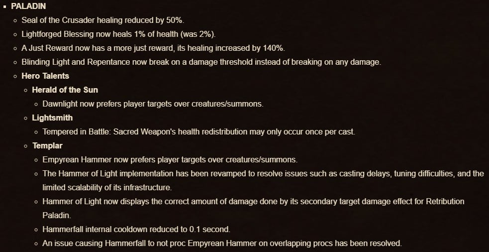 Paladin class changes Patch 11.1