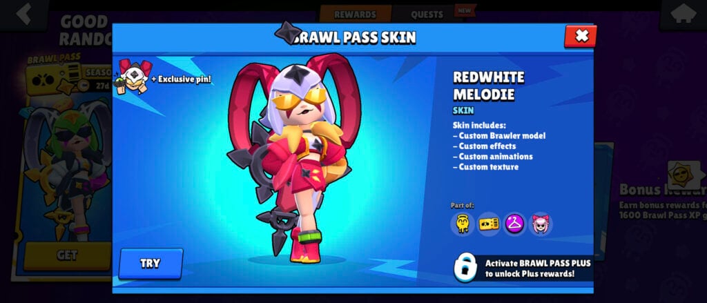 The Brawl Stars screenshot captures the skin Redwhite Melodie. It’s a Premium Plus reward of the Good Randoms season.
