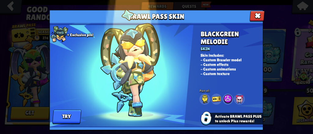 The Brawl Stars screenshot captures the skin Blackgreen Melodie. It’s a Premium Plus reward of the Good Randoms season.