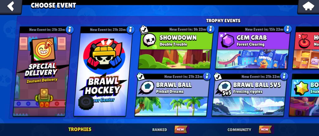 The image shows two game modes in the Brawl Stars season Good Randoms: Special Delivery and Brawl Hockey 3v3.