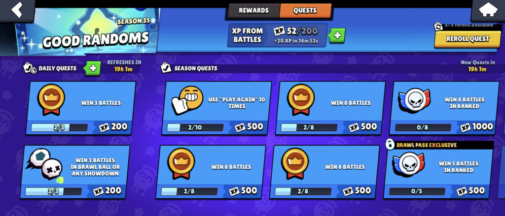 The image shows possible quests in Brawl Stars during the Brawl Pass season Good Randoms.