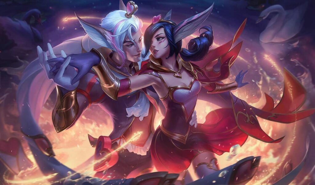 Sweetheart Rakan and Xayah splash art (Image via Riot Games)