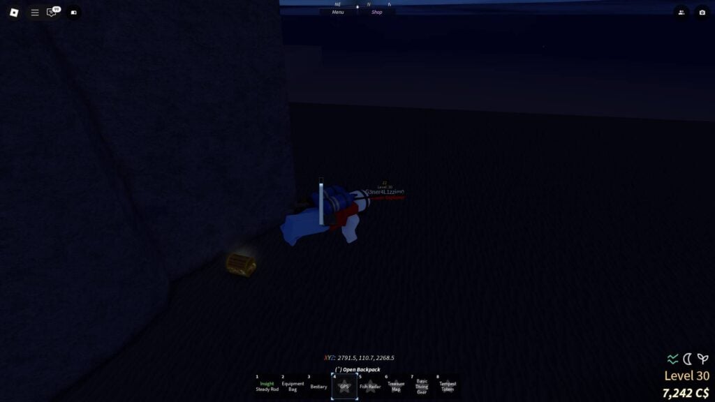 Reaching an underwater chest in Fisch