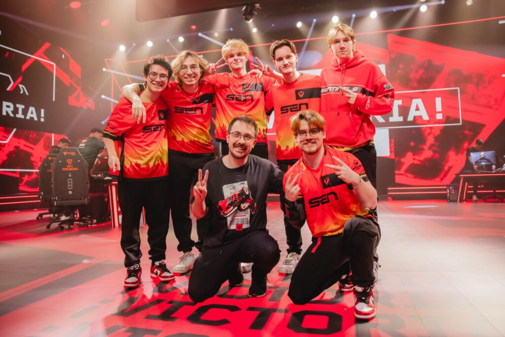 Sentinels, who play against DRX at Masters Bangkok, pose onstage during Week 3 Day 1 of 2025 VCT Americas Kickoff at the Riot Games Arena on January 31, 2025. (Photo by Tina Jo/Riot Games)