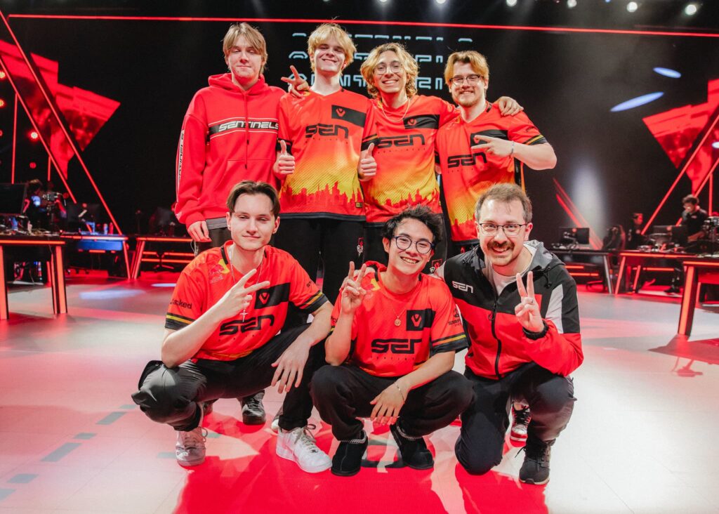 SEN and coach kaplan posing on stage after winning against MIBR during VCT Americas Kickoff 2024.