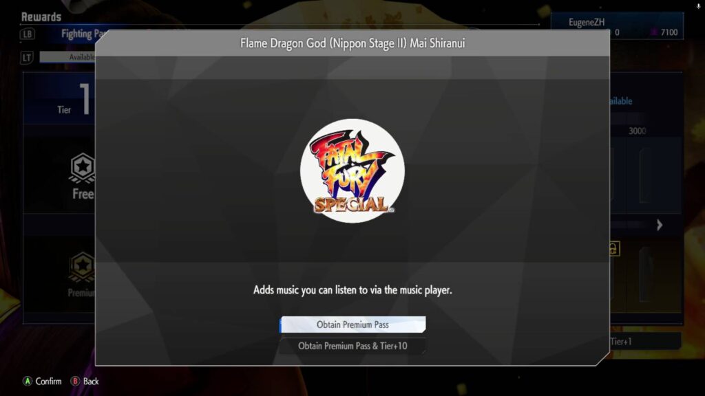 The screenshot from the game Street Fighter 6 shows one of the rewards in the Fighting Pass Say Hello to Mai: the music track from Fatal Fury Special, Flame Dragon God (Nippon Stage II) Mai Shiranui.