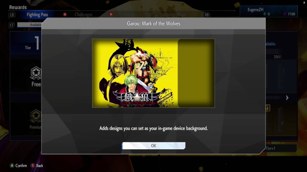 The screenshot from the game Street Fighter 6 shows one of the rewards in the Fighting Pass Say Hello to Mai: the background Garou: Mark of the Wolves.