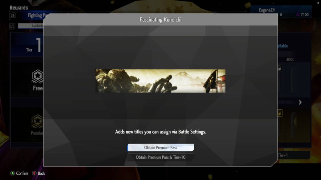 The screenshot from the game Street Fighter 6 shows one of the rewards in the Fighting Pass Say Hello to Mai: the SF6 title Fascinating Kunoichi.