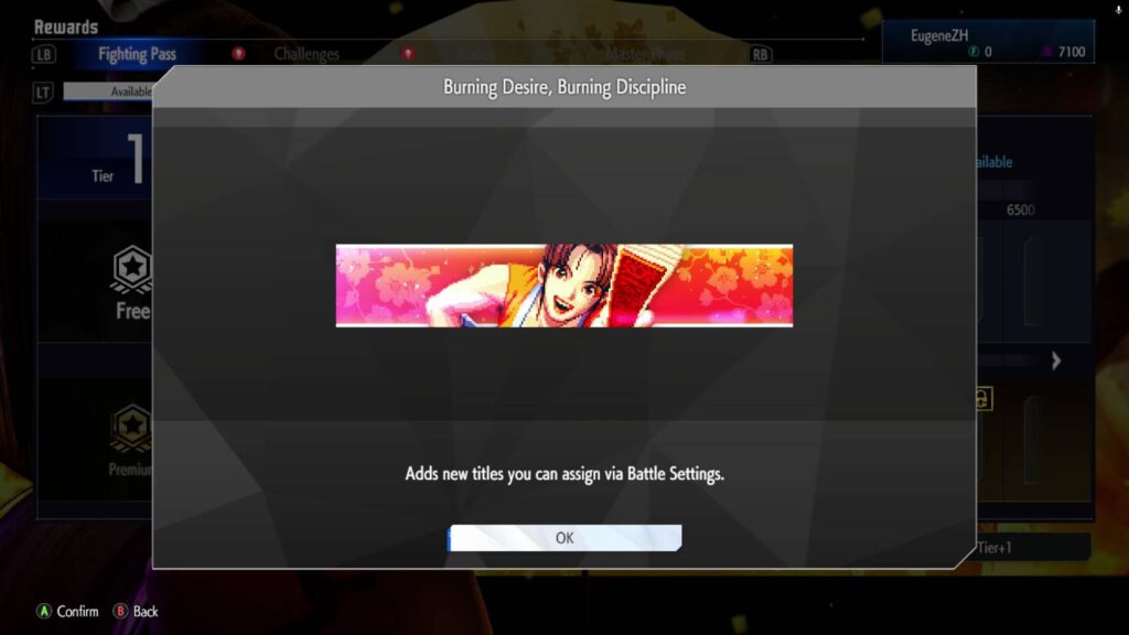 The screenshot from the game Street Fighter 6 shows one of the rewards in the Fighting Pass Say Hello to Mai: the SF6 title Burning Desire, Burning Discipline.