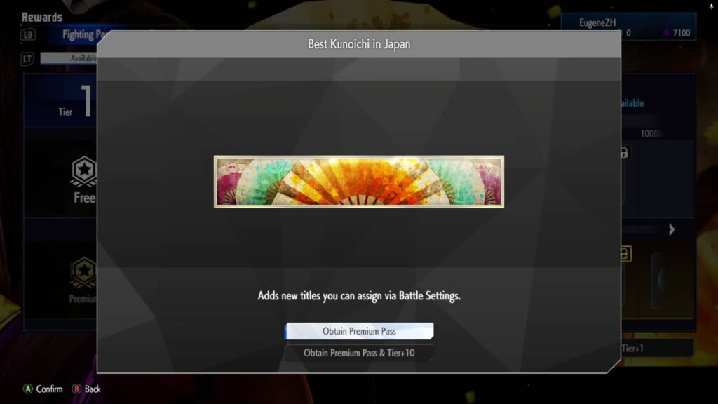 The screenshot from the game Street Fighter 6 shows one of the rewards in the Fighting Pass Say Hello to Mai: the SF6 title Best Kunoichi in Japan.