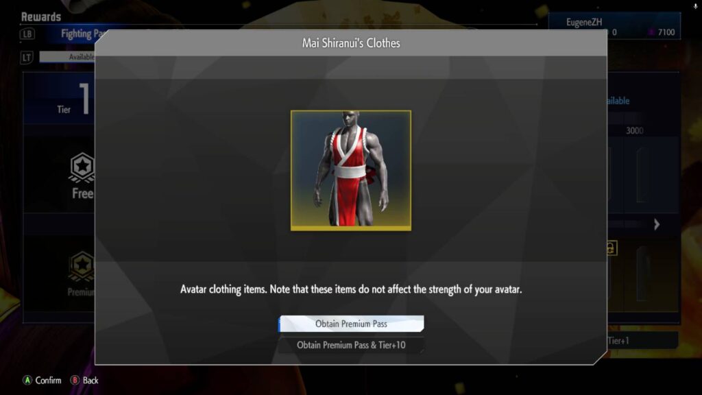The screenshot from the game Street Fighter 6 shows one of the rewards in the Fighting Pass Say Hello to Mai: the dress of Mai Shiranui.