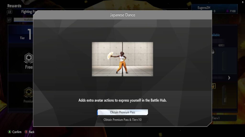 The screenshot from the game Street Fighter 6 shows one of the rewards in the Fighting Pass Say Hello to Mai: the avatar action Japanese Dance.