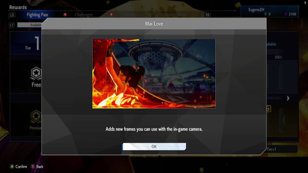 The screenshot from the game Street Fighter 6 shows one of the rewards in the Fighting Pass Say Hello to Mai: the photo frame Mai Love.