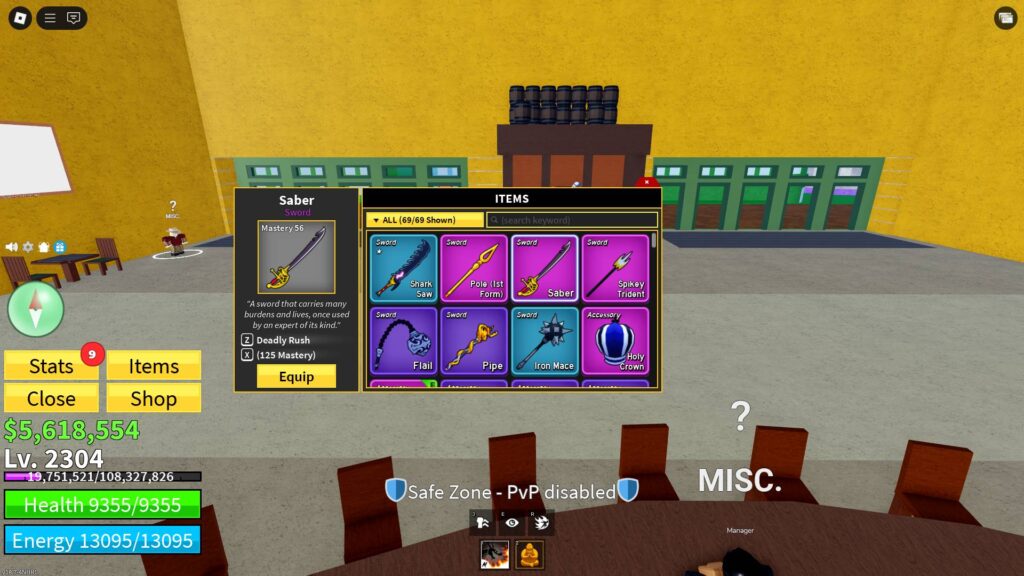 Saber inside the player's Items list in Blox Fruits