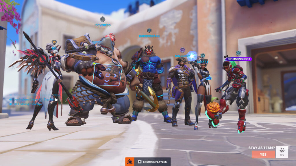 Screenshot of Mercy, Roadhog, Doomfist, Cassidy, and Lucio in Overwatch Classic Moth Meta game mode 