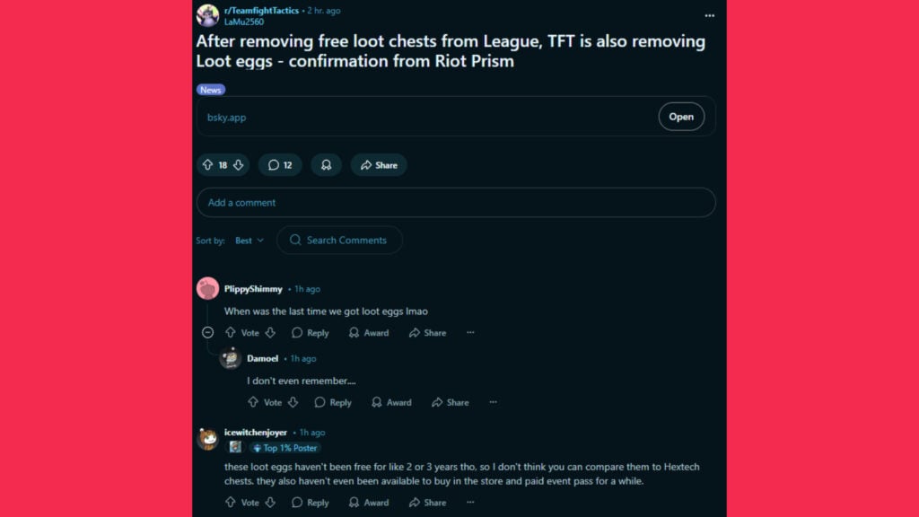 Screenshot of users discussing TFT Loot Eggs on Reddit