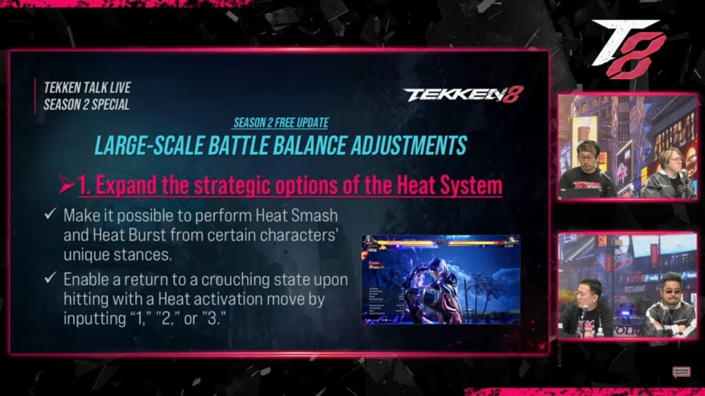 The image shows plans of TEKEN 8 developers for balance adjustments in Season 2: regarding Heat system changes.