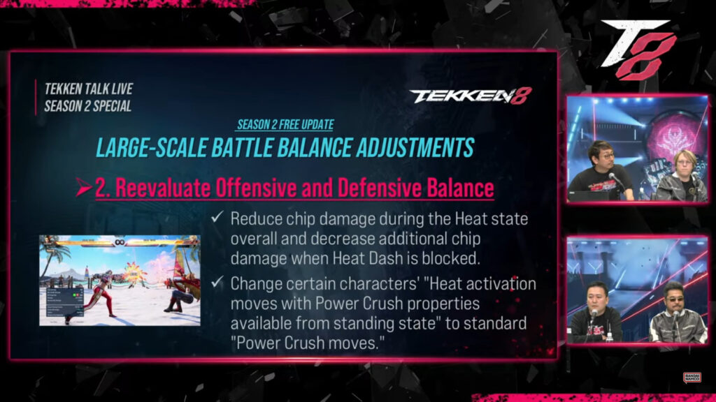 The image shows plans of TEKEN 8 developers for balance adjustments in Season 2: regarding offensive and defensive balance.