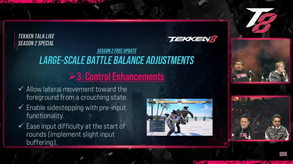 The image shows plans of TEKEN 8 developers for balance adjustments in Season 2: regarding control enhancements.