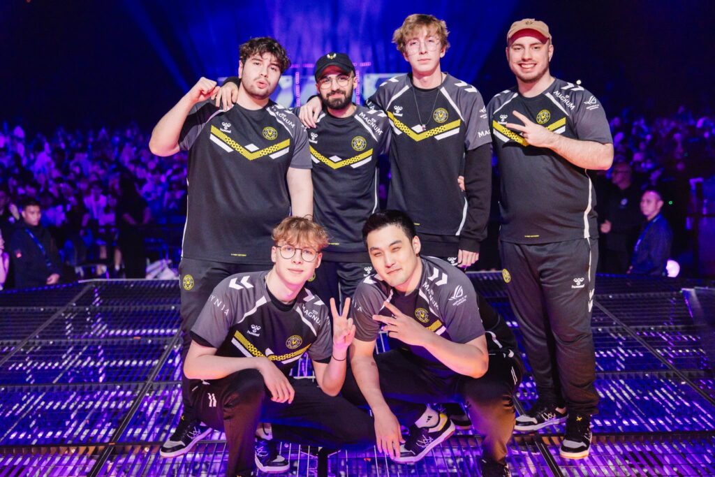 Team Vitality and coach Faded pose onstage after victory against DRX at VALORANT Masters Bangkok Swiss Stage on February 22, 2025 at the UOB Live in Bangkok, Thailand. 