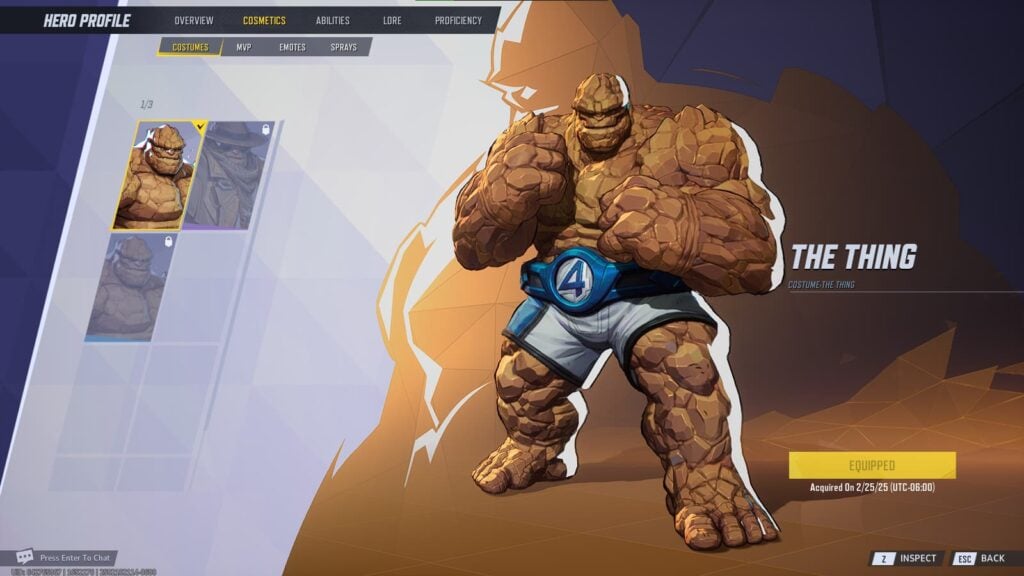 The default skin for The Thing in Marvel Rivals