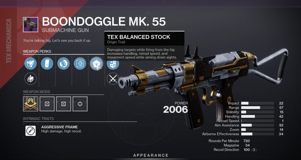 The Boondoggle Mk. 55 SMG from Destiny 2 with perks and stats.