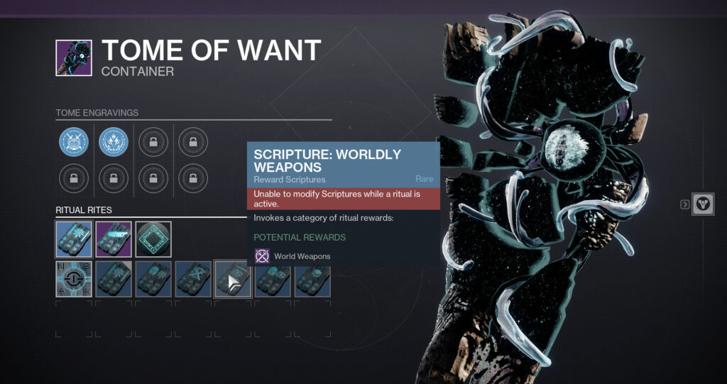 A screenshot of the Tome of Want from Destiny 2.