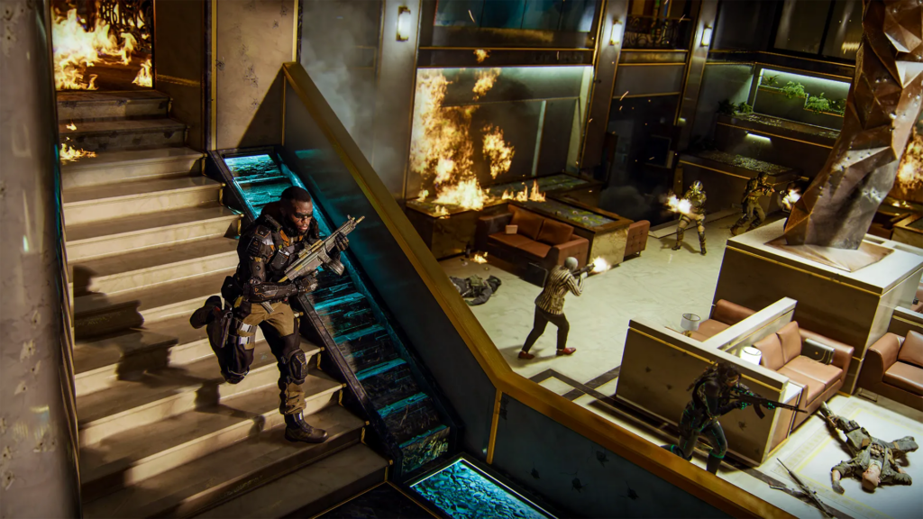 A group of soldiers battle in a hotel lobby in Black Ops 6.