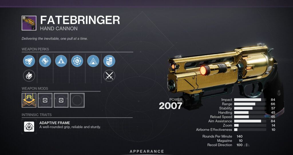 The Fatebringer hand cannon from Destiny 2 with perks.