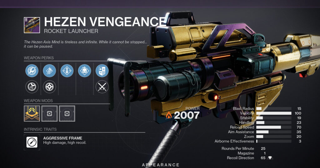 The Hezen Vengeance rocket launcher from Destiny 2 with perks displayed.