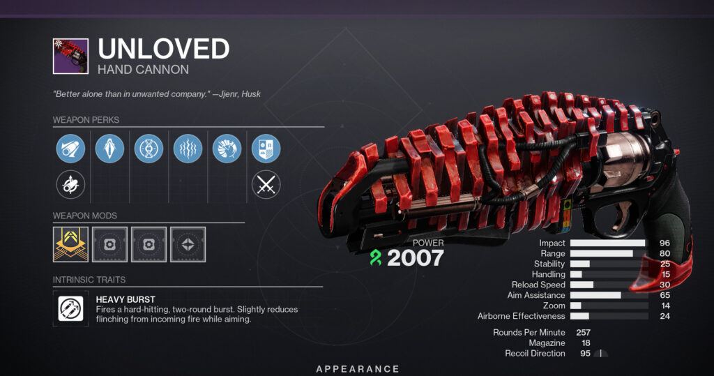 The Unloved hand cannon from Destiny 2 with perks and stats.