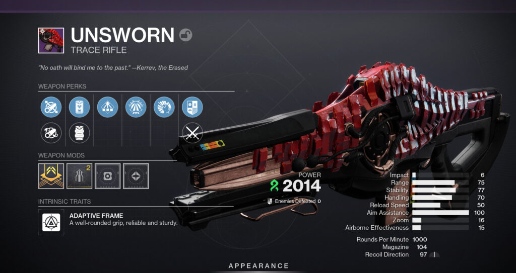 The Unsworn trace rifle in Destiny 2 with perks.