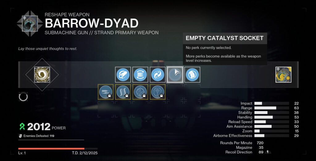 The Enclave's reshaping menu for Barrow-Dyad in Destiny 2.