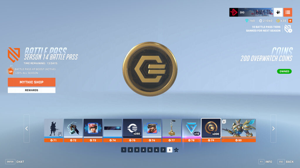 Screenshot of the Overwatch 2 Season 14 Battle Pass featuring Overwatch Coins
